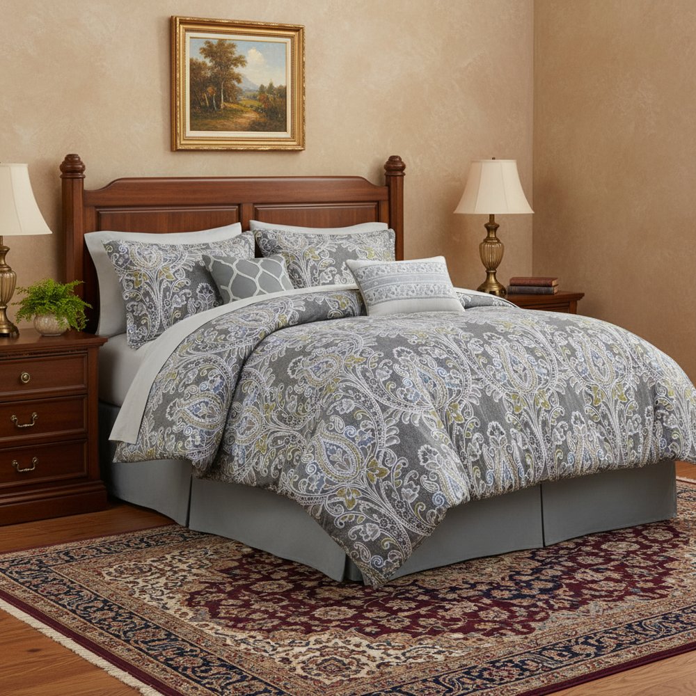 Set of Six Gray And Ivory Damask King Ring Stitch Sham And Comforter HomeRoots