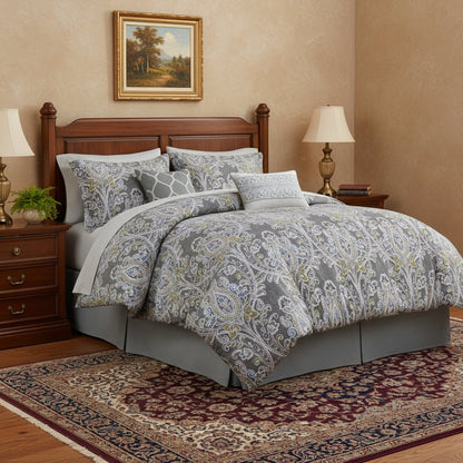 Set of Six Gray And Ivory Damask King Ring Stitch Sham And Comforter HomeRoots