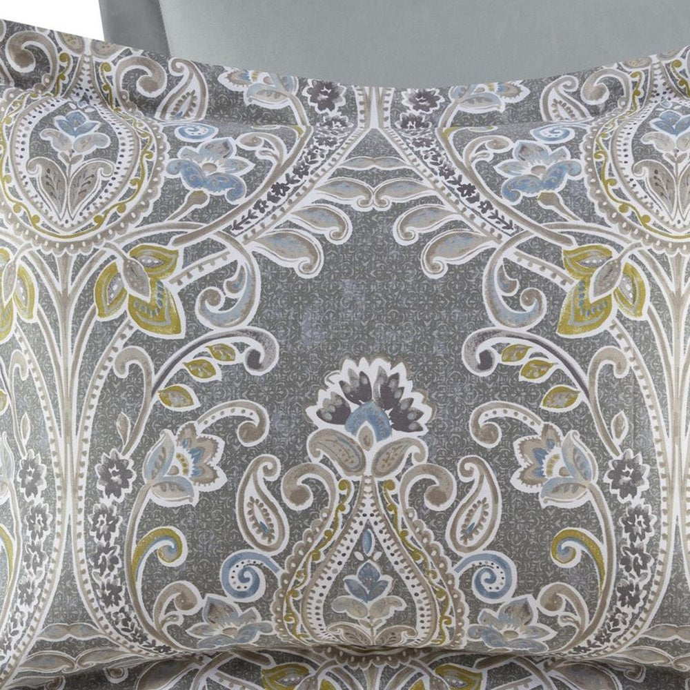 Set of Six Gray And Ivory Damask King Ring Stitch Sham And Comforter HomeRoots