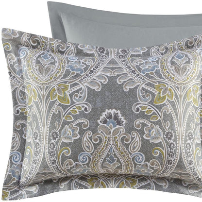 Set of Six Gray And Ivory Damask King Ring Stitch Sham And Comforter HomeRoots