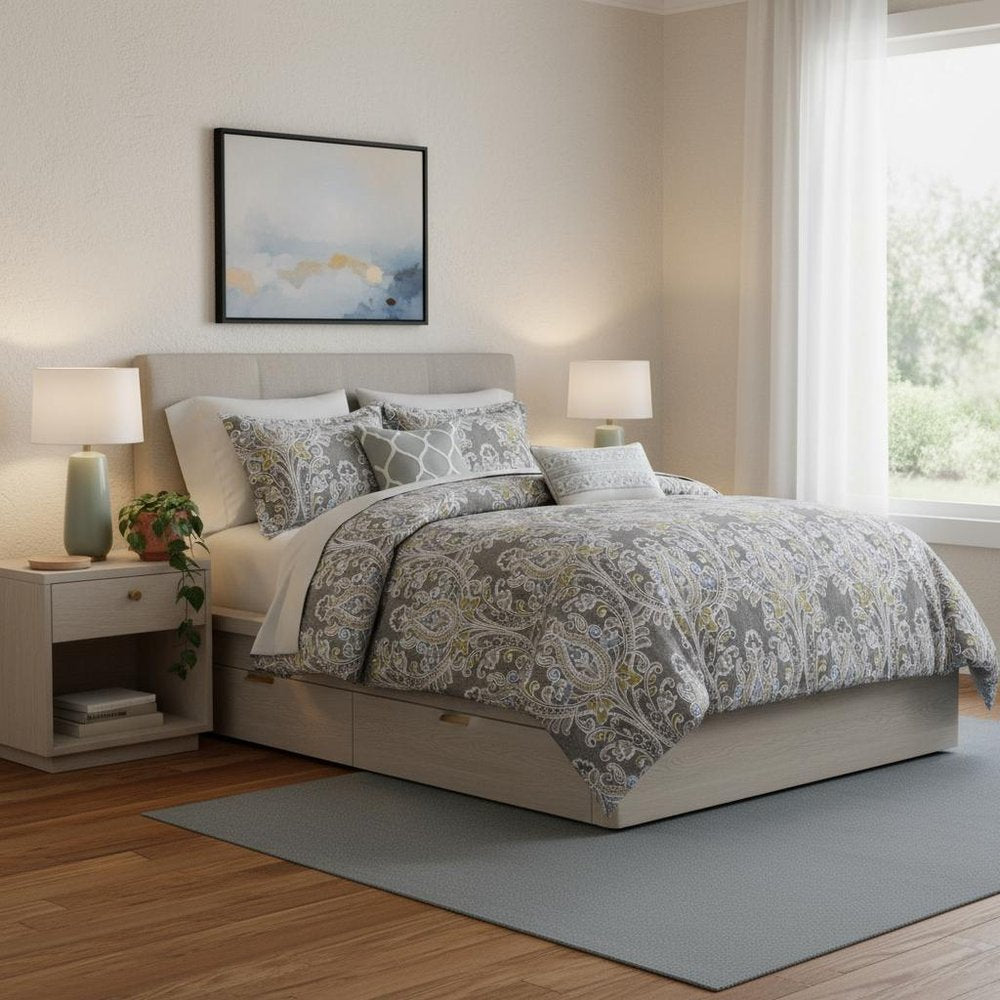 Set of Six Gray And Ivory Damask King Ring Stitch Sham And Comforter HomeRoots