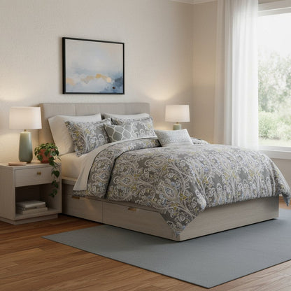 Set of Six Gray And Ivory Damask King Ring Stitch Sham And Comforter HomeRoots