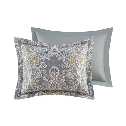 Set of Six Gray And Ivory Damask Full Ring Stitch Sham And Comforter HomeRoots