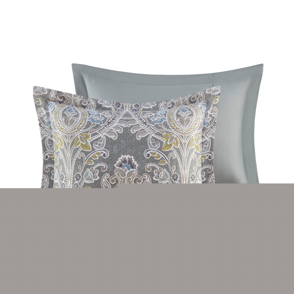 Set of Six Gray And Ivory Damask Full Ring Stitch Sham And Comforter HomeRoots