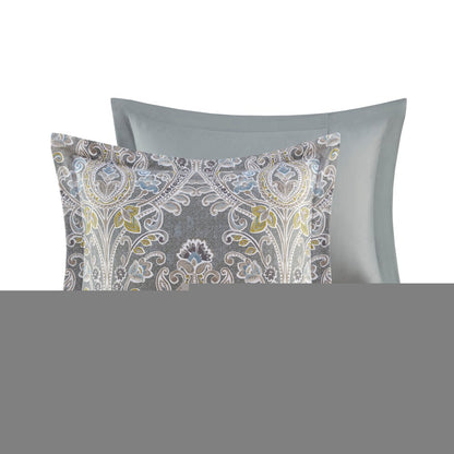 Set of Six Gray And Ivory Damask Full Ring Stitch Sham And Comforter HomeRoots