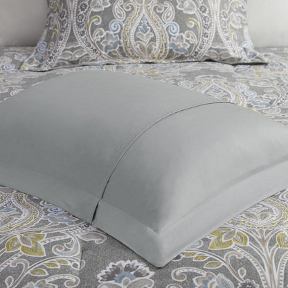 Set of Six Gray And Ivory Damask Full Ring Stitch Sham And Comforter HomeRoots