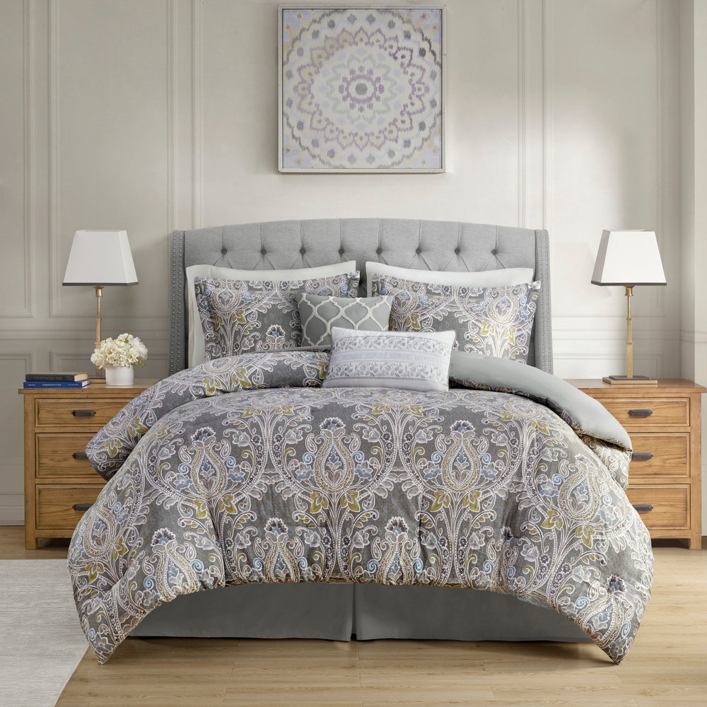 Set of Six Gray And Ivory Damask Full Ring Stitch Sham And Comforter HomeRoots