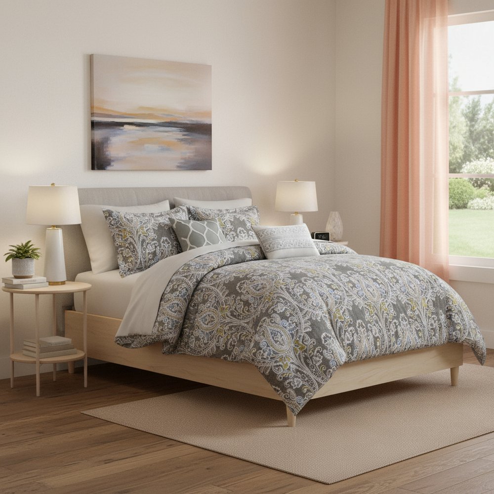 Set of Six Gray And Ivory Damask Full Ring Stitch Sham And Comforter HomeRoots