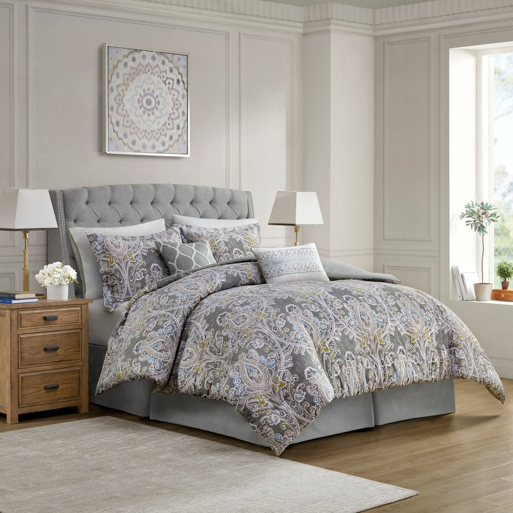 Set of Six Gray And Ivory Damask Full Ring Stitch Sham And Comforter HomeRoots