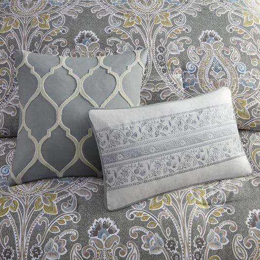Set of Six Gray And Ivory Damask Full Ring Stitch Sham And Comforter HomeRoots
