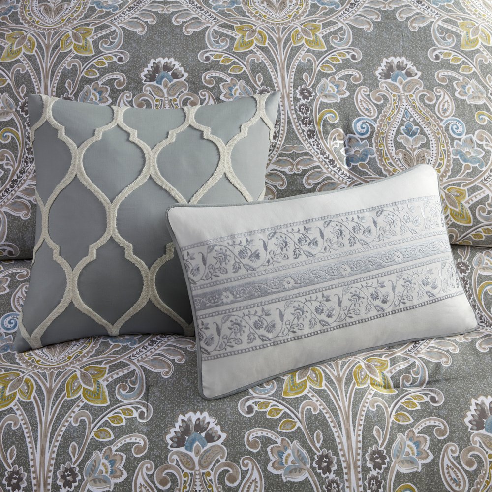 Set of Six Gray And Ivory Damask Full Ring Stitch Sham And Comforter HomeRoots
