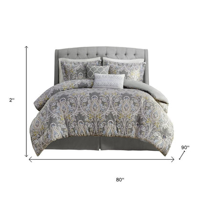 Set of Six Gray And Ivory Damask Full Ring Stitch Sham And Comforter HomeRoots