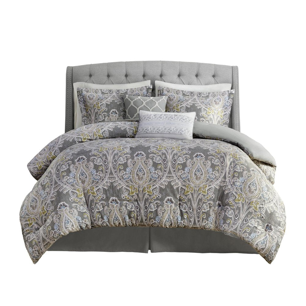 Set of Six Gray And Ivory Damask Full Ring Stitch Sham And Comforter HomeRoots