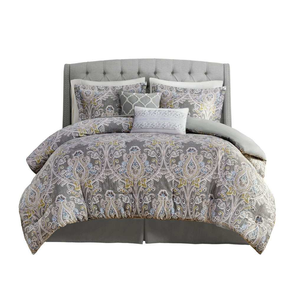Set of Six Gray And Ivory Damask Full Ring Stitch Sham And Comforter HomeRoots