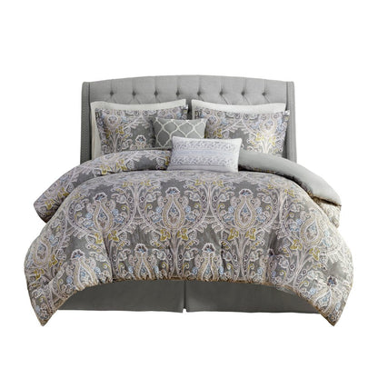 Set of Six Gray And Ivory Damask Full Ring Stitch Sham And Comforter HomeRoots