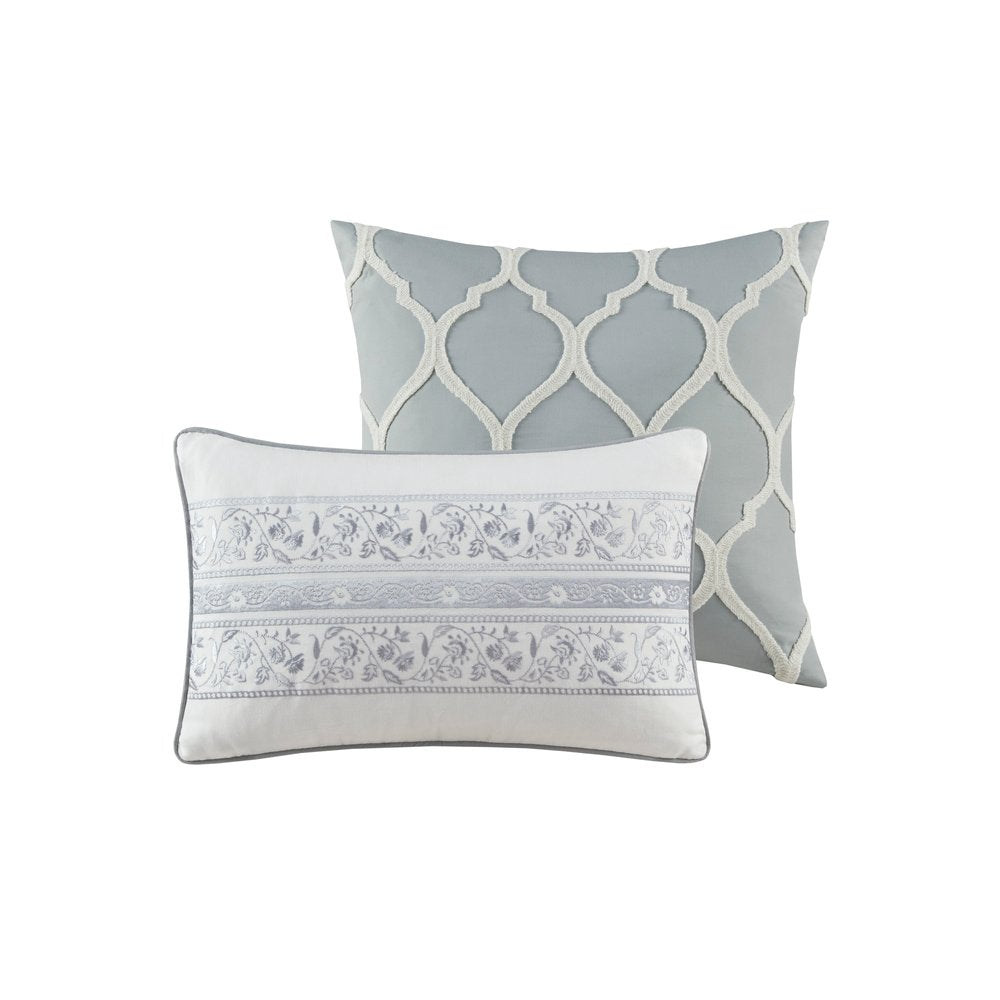 Set of Six Gray And Ivory Damask Full Ring Stitch Sham And Comforter HomeRoots