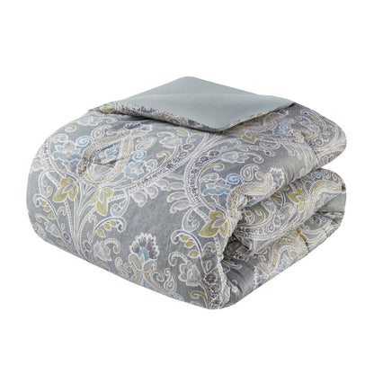 Set of Six Gray And Ivory Damask Full Ring Stitch Sham And Comforter HomeRoots