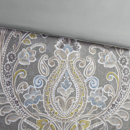 Set of Six Gray And Ivory Damask Full Ring Stitch Sham And Comforter HomeRoots
