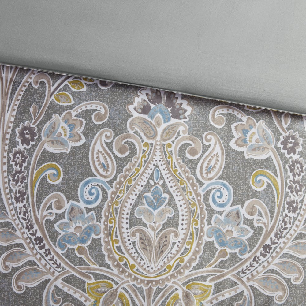 Set of Six Gray And Ivory Damask Full Ring Stitch Sham And Comforter HomeRoots