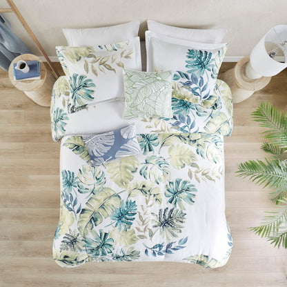 Set of Six White Blue And Green King Ring Stitch Sham And Comforter HomeRoots