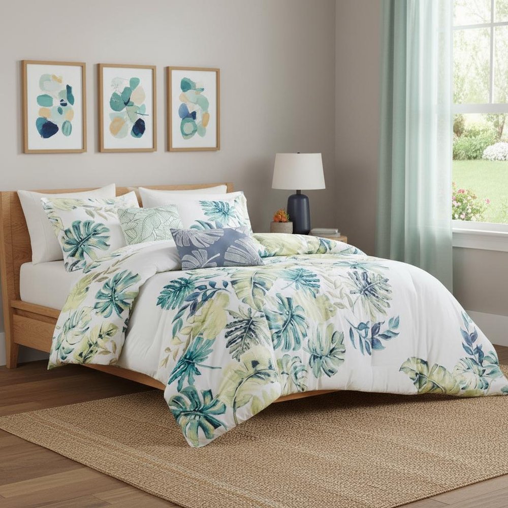 Set of Six White Blue And Green King Ring Stitch Sham And Comforter HomeRoots