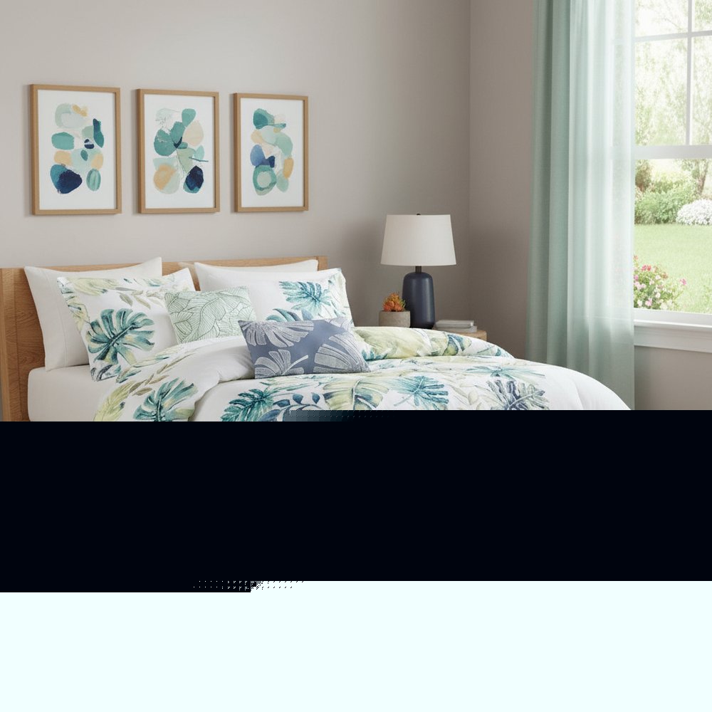 Set of Six White Blue And Green King Ring Stitch Sham And Comforter HomeRoots