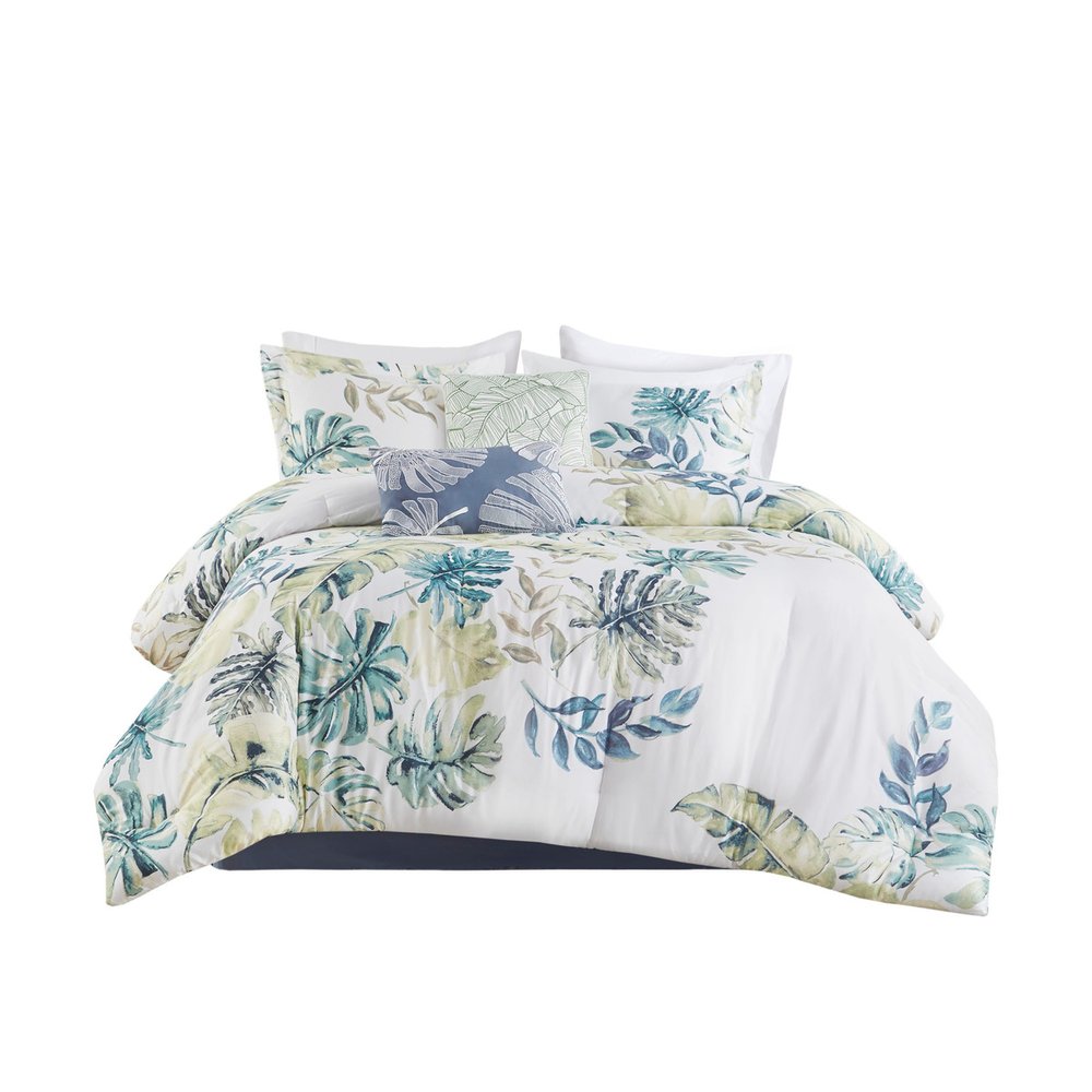 Set of Six White Blue And Green King Ring Stitch Sham And Comforter HomeRoots
