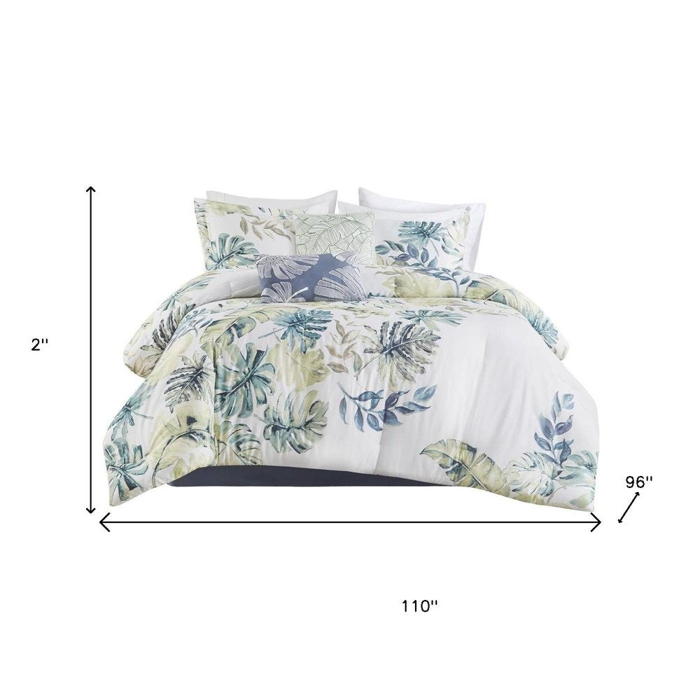Set of Six White Blue And Green King Ring Stitch Sham And Comforter HomeRoots