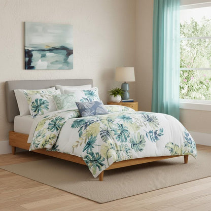 Set of Six White Blue And Green Queen Ring Stitch Sham And Comforter HomeRoots