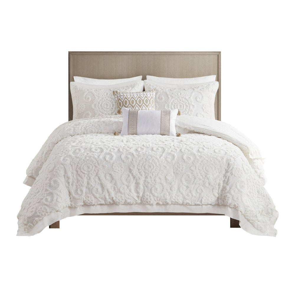 Set of Three White Medallion Queen Ring Stitch Sham And Comforter HomeRoots
