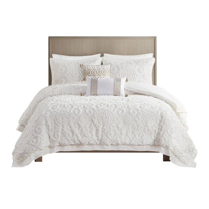 Set of Three White Medallion Queen Ring Stitch Sham And Comforter HomeRoots