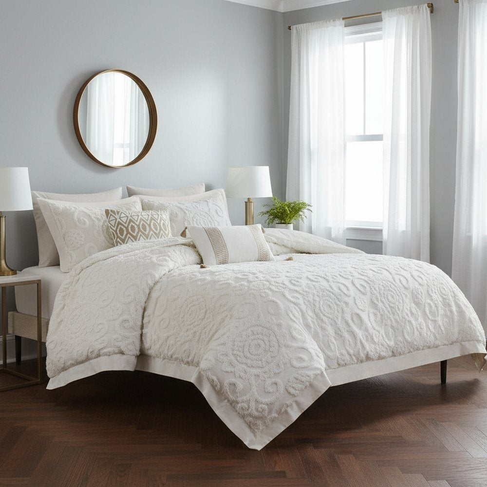 Set of Three White Medallion Queen Ring Stitch Sham And Comforter HomeRoots