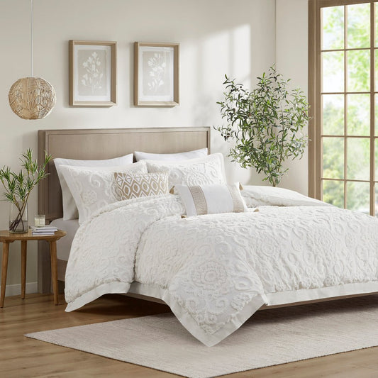 Set of Three White Medallion Queen Ring Stitch Sham And Comforter HomeRoots