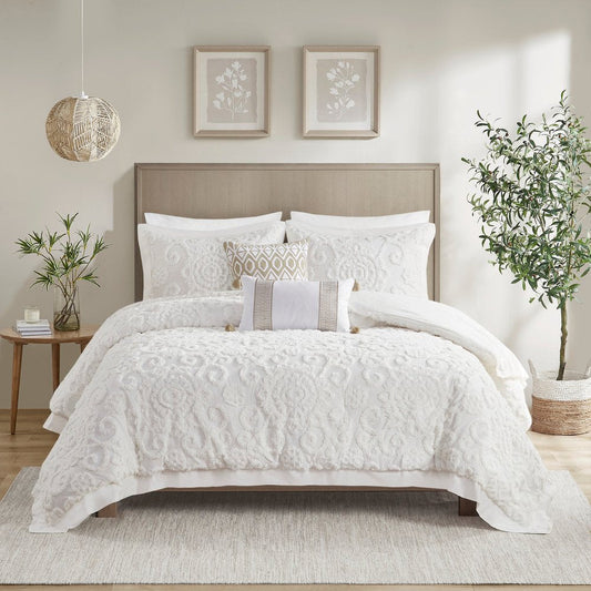Set of Three White Medallion Queen Ring Stitch Sham And Comforter HomeRoots