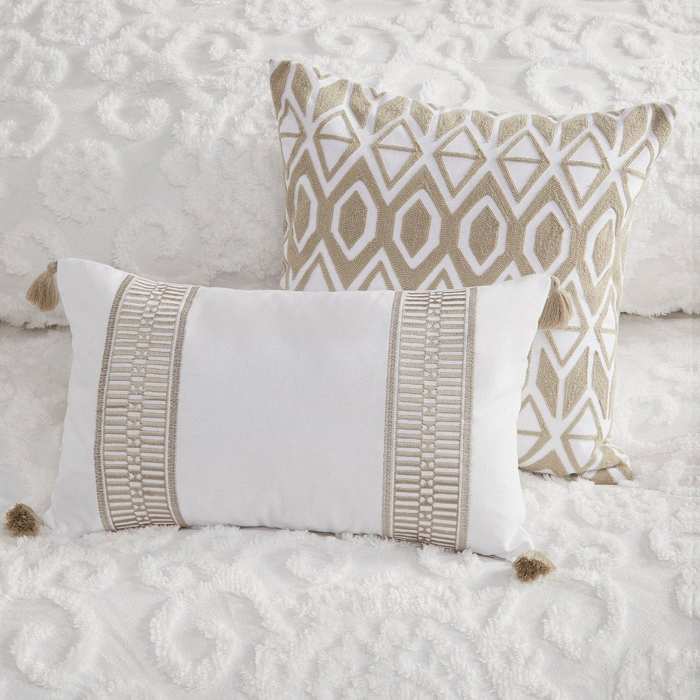 Set of Three White Medallion Queen Ring Stitch Sham And Comforter HomeRoots