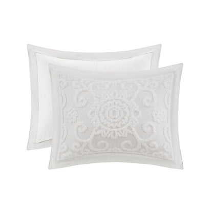 Set of Three White Medallion Queen Ring Stitch Sham And Comforter HomeRoots