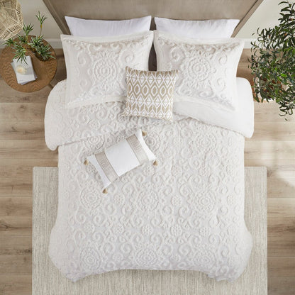 Set of Three White Medallion Queen Ring Stitch Sham And Comforter HomeRoots