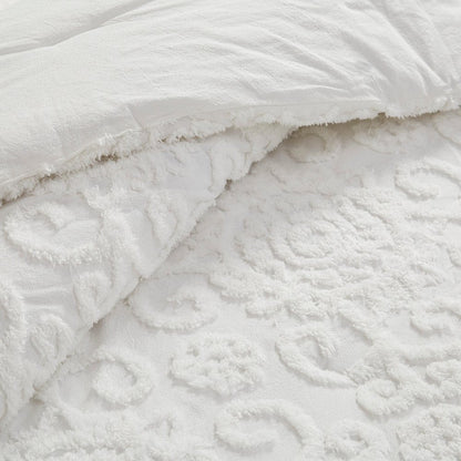 Set of Three White Medallion Queen Ring Stitch Sham And Comforter HomeRoots