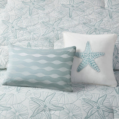 Set of Four White And Aqua King Ring Stitch Sham And Comforter HomeRoots