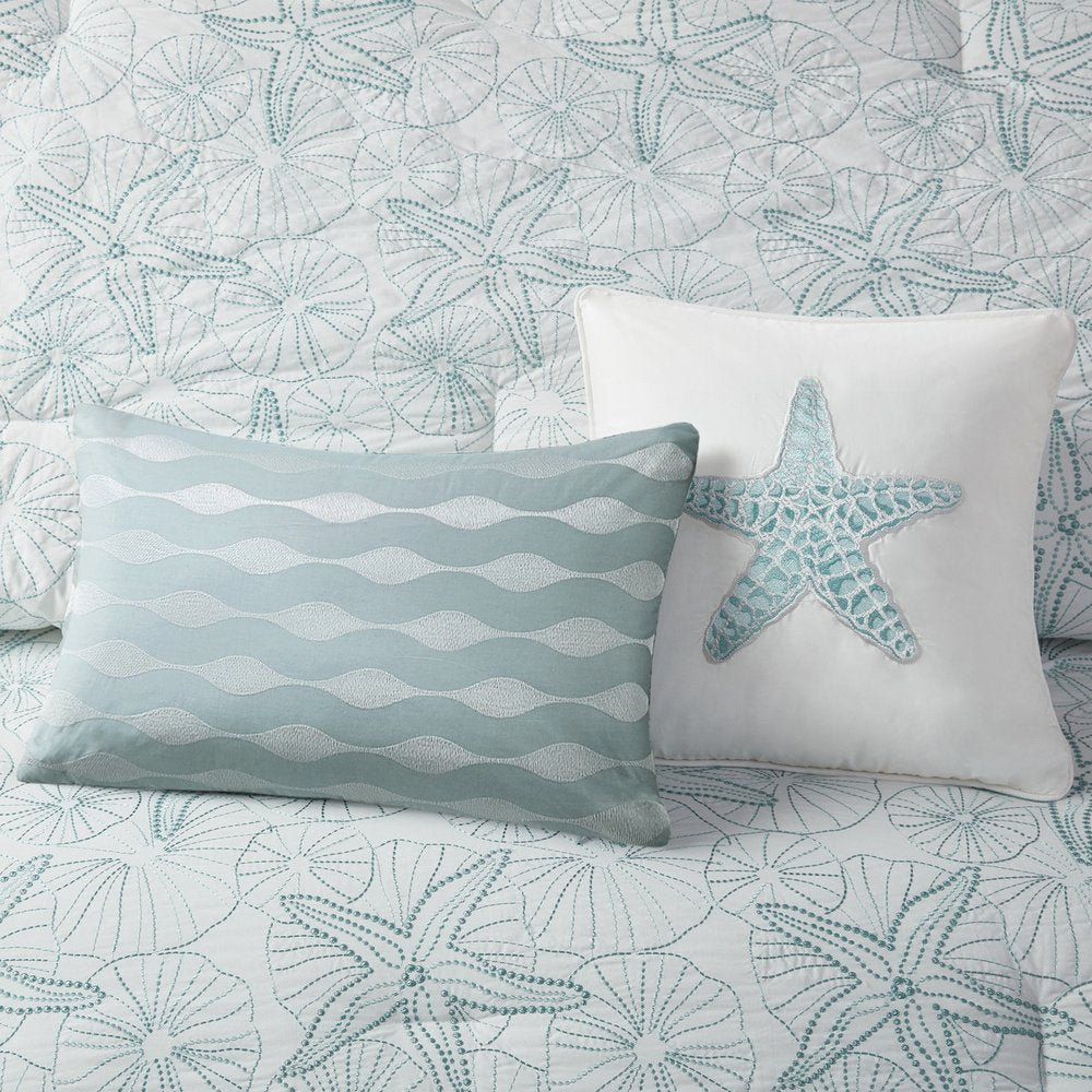 Set of Four White And Aqua King Ring Stitch Sham And Comforter HomeRoots