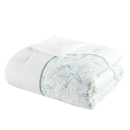 Set of Four White And Aqua King Ring Stitch Sham And Comforter HomeRoots