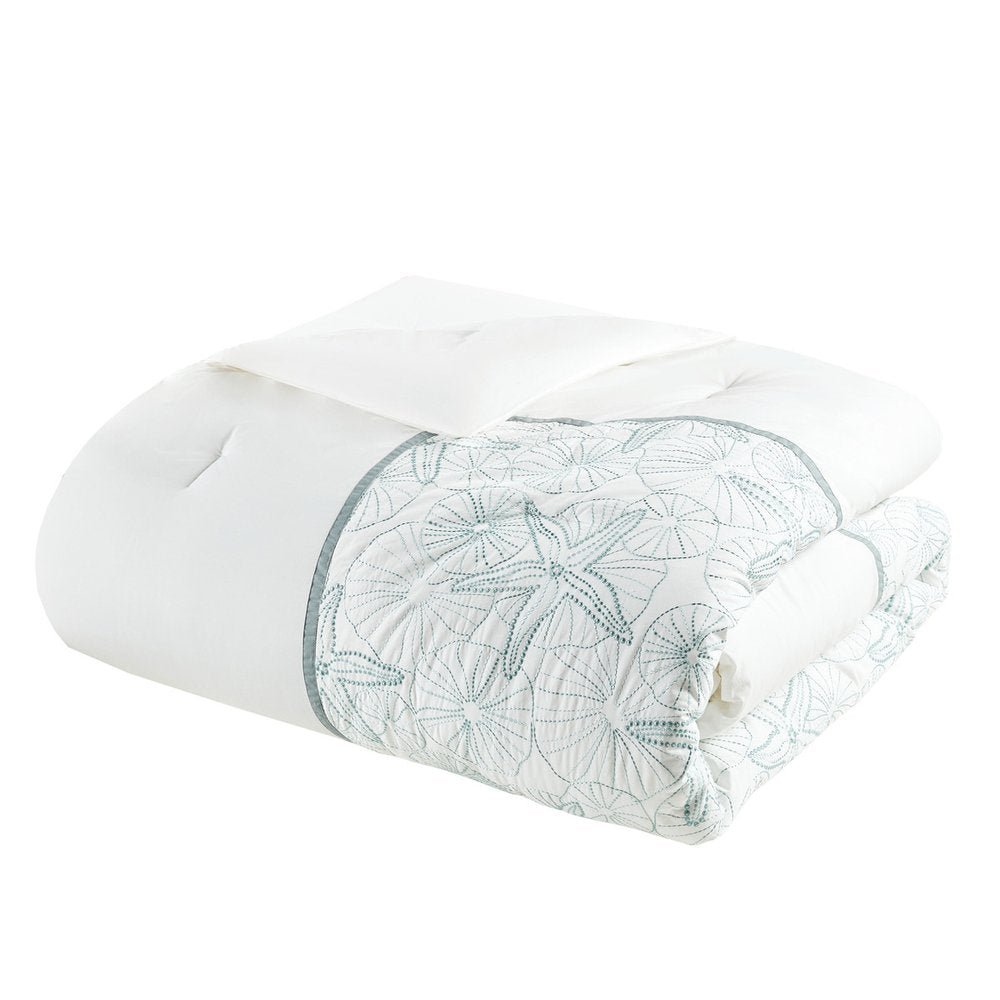 Set of Four White And Aqua King Ring Stitch Sham And Comforter HomeRoots