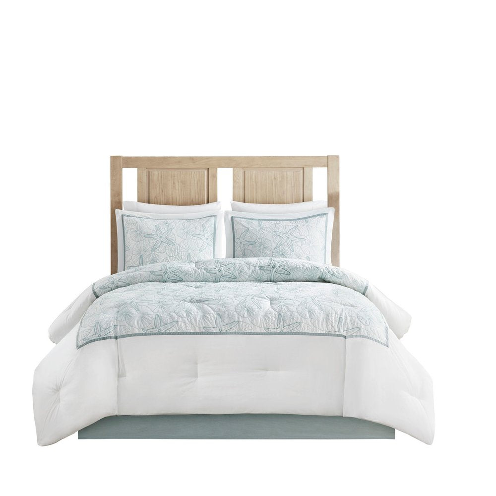 Set of Four White And Aqua King Ring Stitch Sham And Comforter HomeRoots