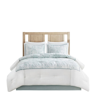 Set of Four White And Aqua King Ring Stitch Sham And Comforter HomeRoots