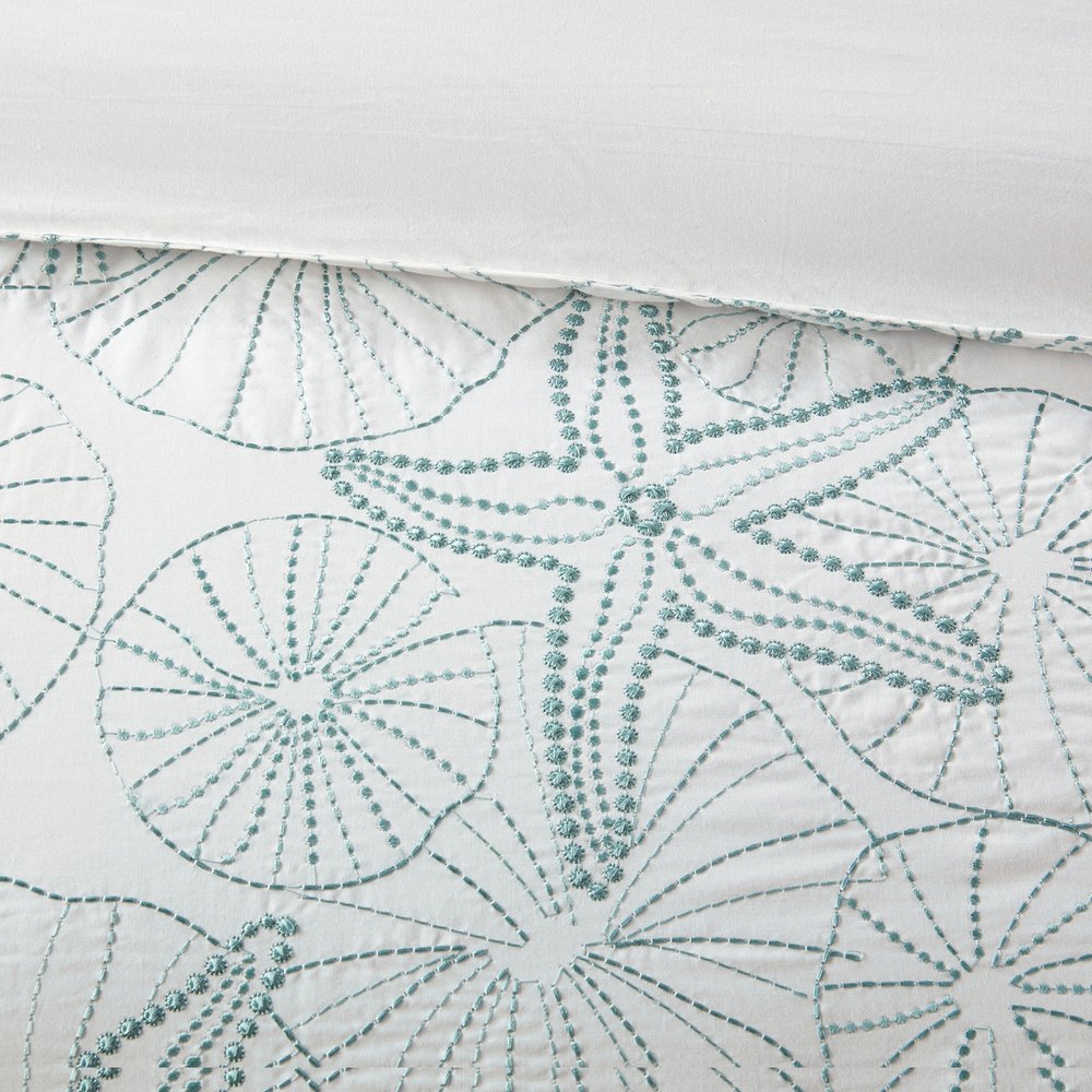 Set of Four White And Aqua King Ring Stitch Sham And Comforter HomeRoots