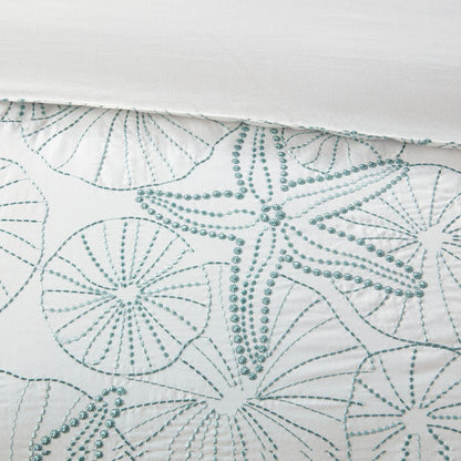 Set of Four White And Aqua King Ring Stitch Sham And Comforter HomeRoots