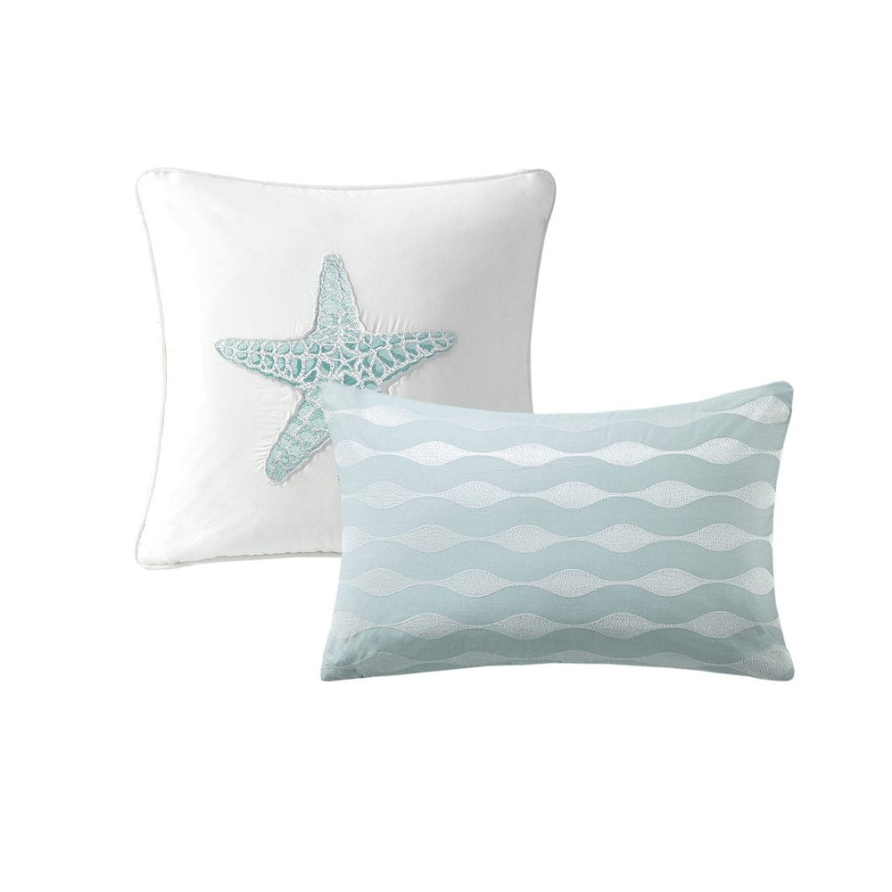 Set of Four White And Aqua King Ring Stitch Sham And Comforter HomeRoots