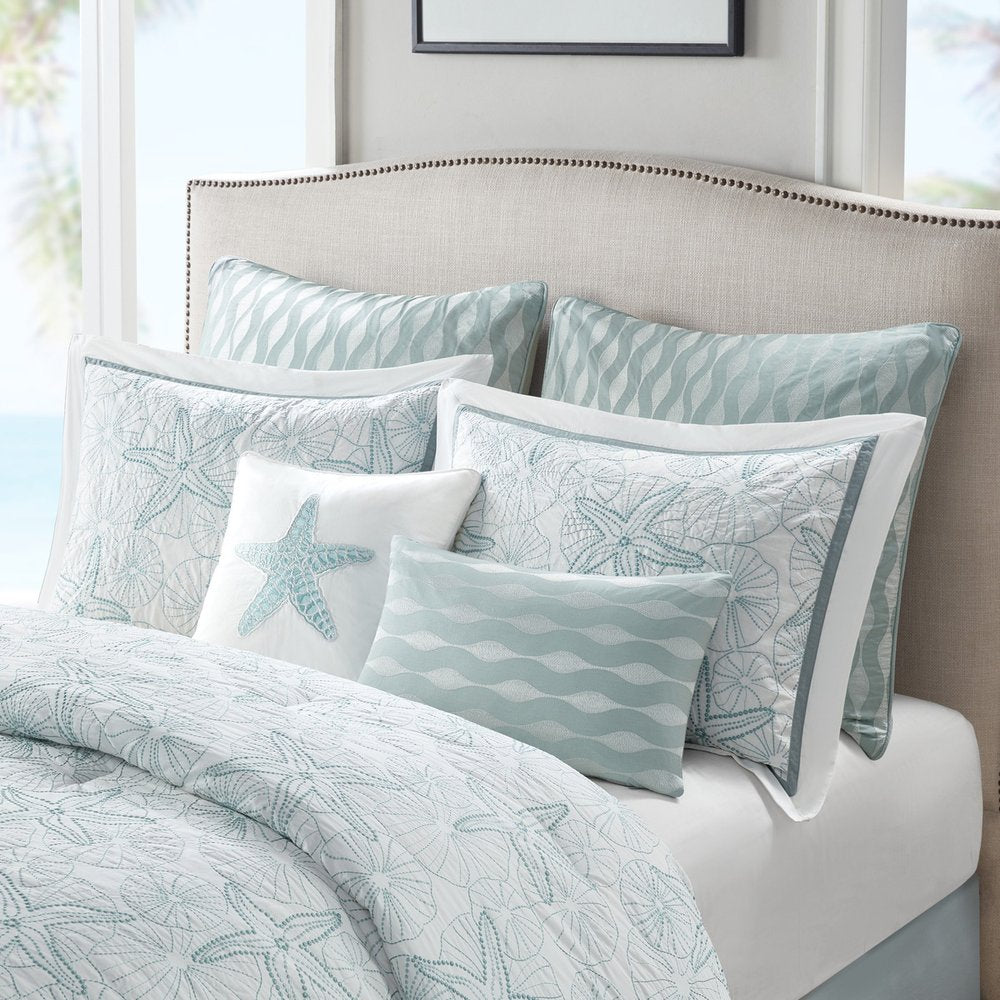 Set of Four White And Aqua King Ring Stitch Sham And Comforter HomeRoots
