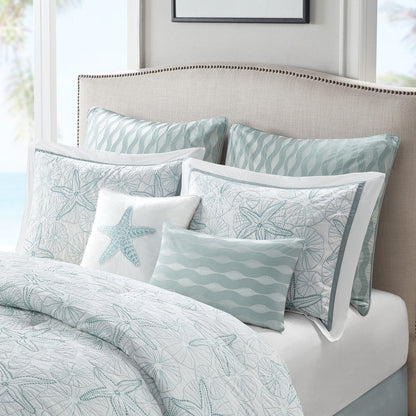 Set of Four White And Aqua King Ring Stitch Sham And Comforter HomeRoots