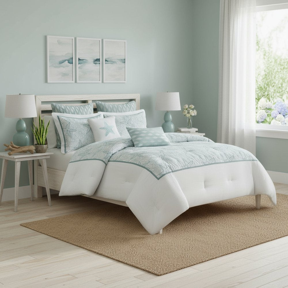 Set of Four White And Aqua King Ring Stitch Sham And Comforter HomeRoots